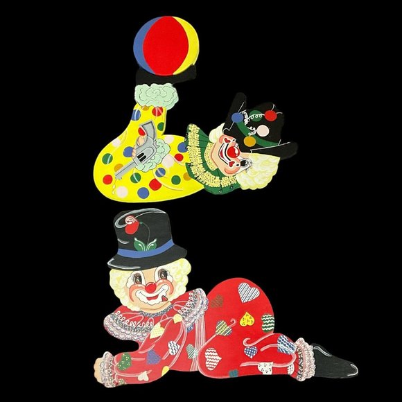 Vintage Hand Crafted Set of 2 Wood Cut Out Clown Wall Decor MCM Collectible - Picture 2 of 16